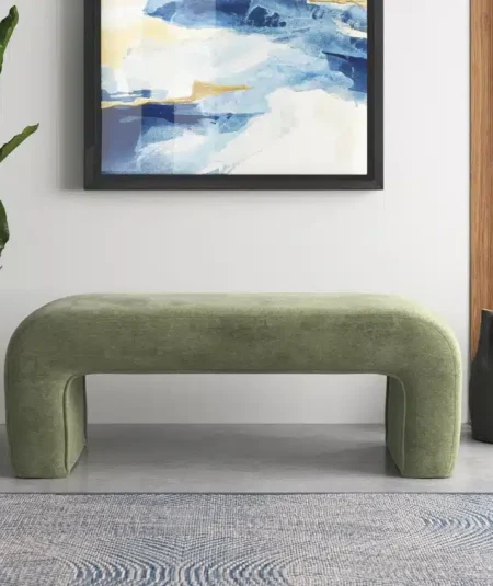 This upholstered bench features waterfall edges that create a striking shape for a streamlined, modern design we love.