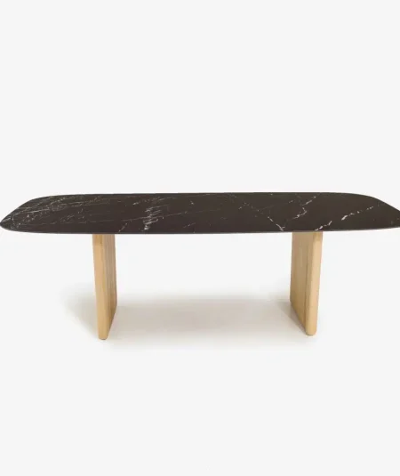 Luxury dining table, with a real marble look and two oak wood bases.
