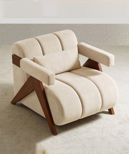 A wooden-framed chair featuring a soft beige cushion, designed for comfort and style in any setting