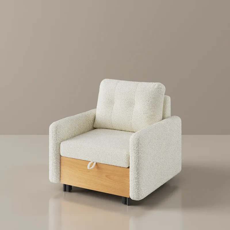 White chenille armchair with tufted backrest, slim arms, and built-in wooden drawer for storage.