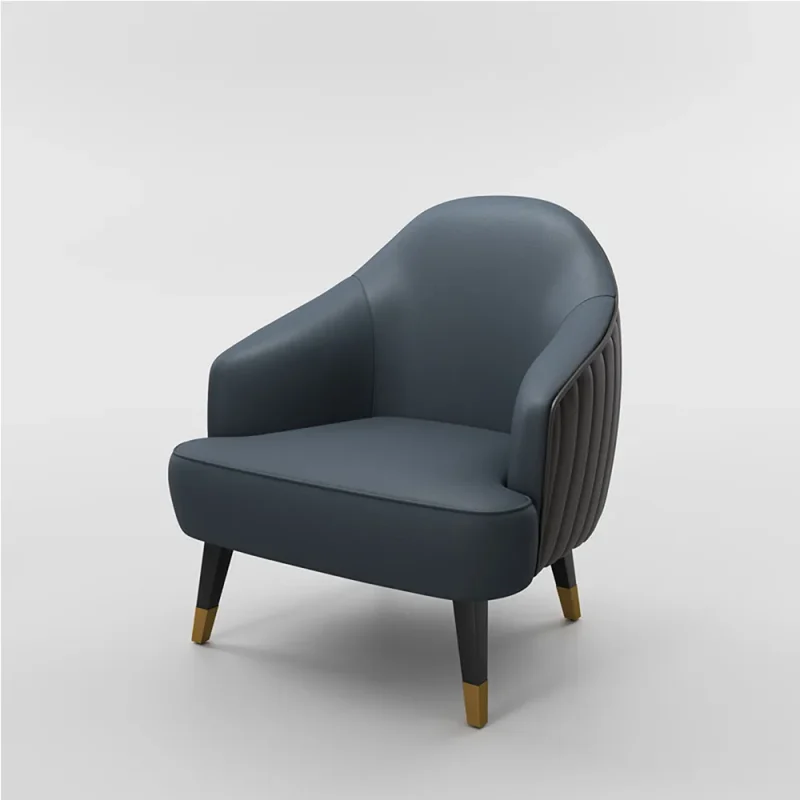 Modern blue and brown PU leather armchair with vertical stitching and gold-tipped black legs