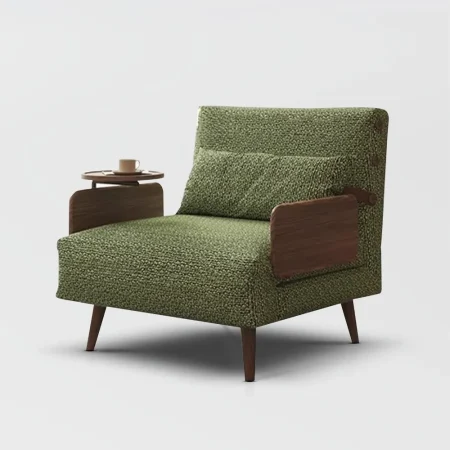 Green cotton-linen lounge chair with wooden armrests and side table attachment.