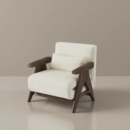 Modern white fabric lounge chair with dark walnut wooden frame and cushioned backrest.