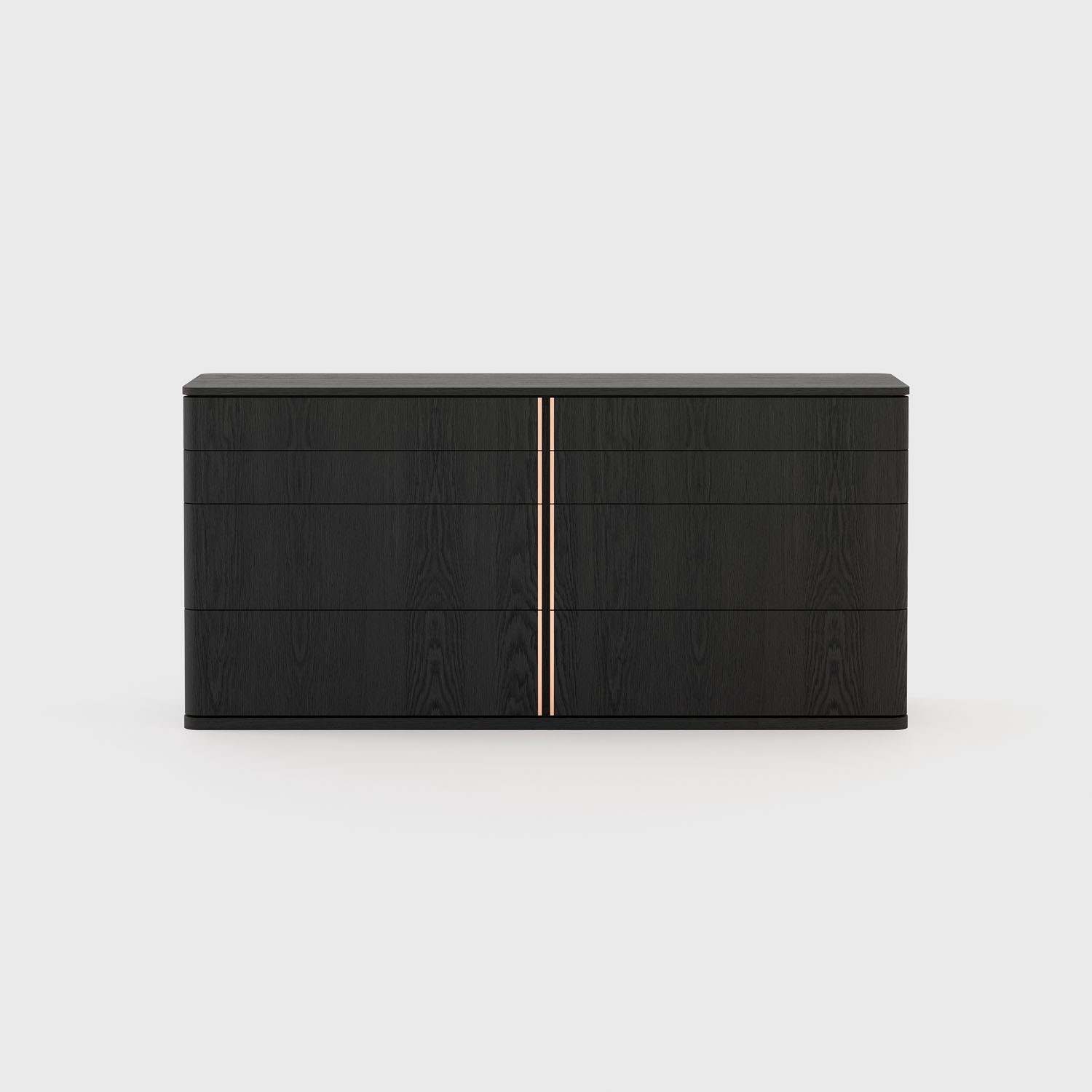 Hilary chest of drawers in smoked oak with push-to-open drawers and stainless steel electroplated stripe accents