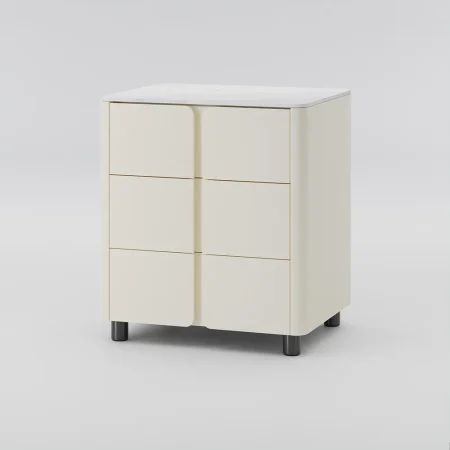 Beige 3-drawer side table with rounded edges and black legs