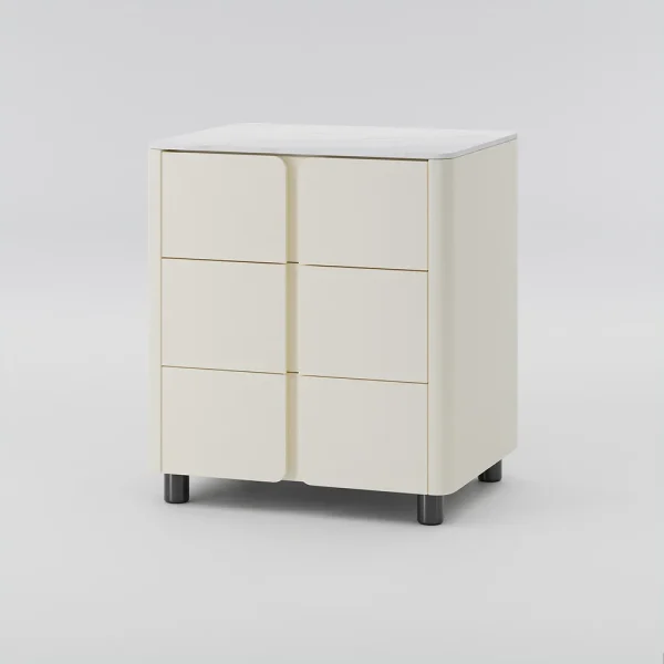Beige 3-drawer side table with rounded edges and black legs