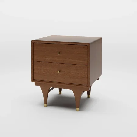 Mid-century modern wooden nightstand with two drawers, gold knobs, and flared legs with gold-capped feet in a warm walnut finish.