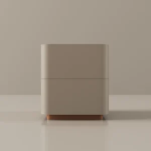 Minimalist beige side table with rounded edges and recessed wooden base, designed in a modern style.