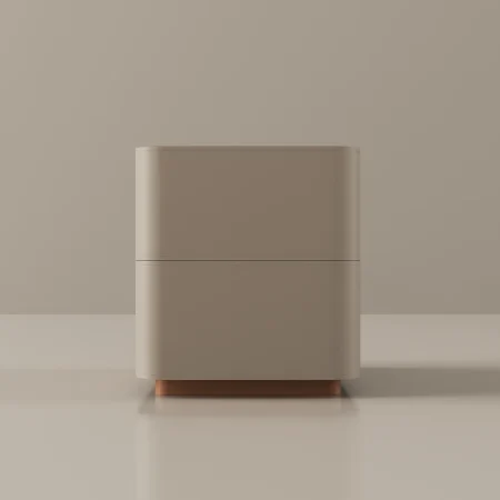 Minimalist beige side table with rounded edges and recessed wooden base, designed in a modern style.