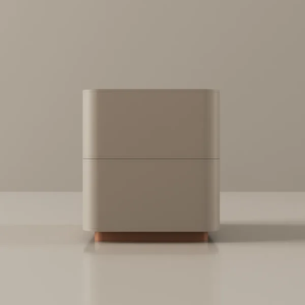 Minimalist beige side table with rounded edges and recessed wooden base, designed in a modern style.