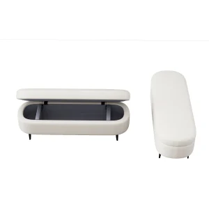 Oval-shaped storage ottoman in light upholstery with black legs, shown open and closed to highlight interior compartment and smooth exterior.
