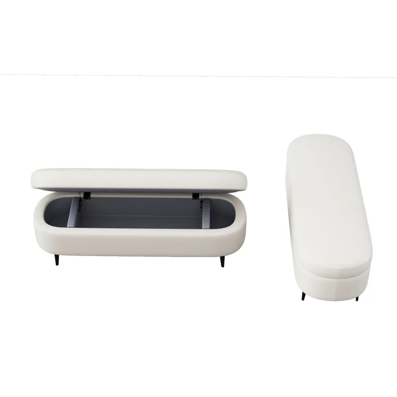 Oval-shaped storage ottoman in light upholstery with black legs, shown open and closed to highlight interior compartment and smooth exterior.