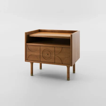 Minimalist beige side table with rounded edges and recessed wooden base, designed in a modern style.