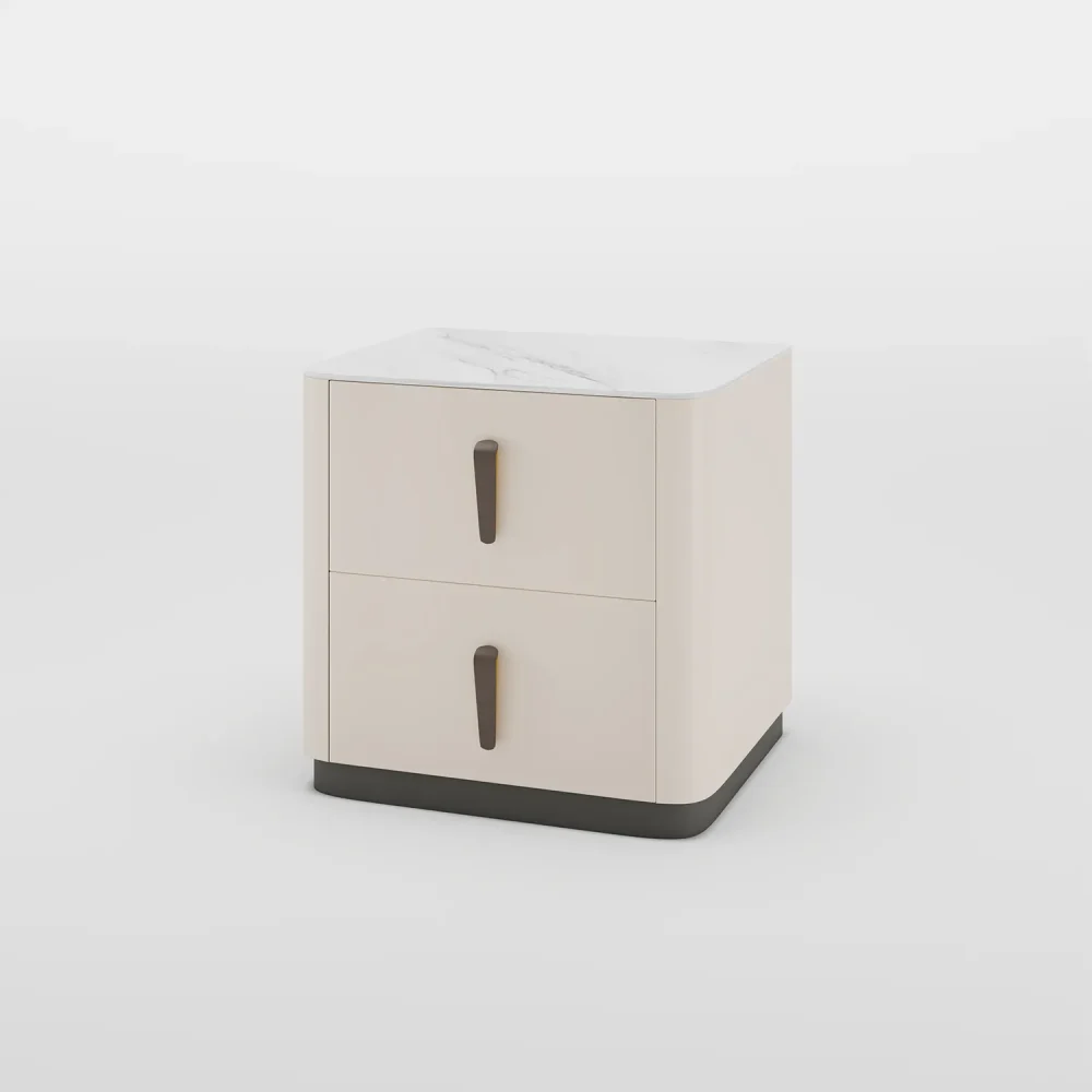 Modern khaki nightstand with two drawers, white marble top, and dark wood handles.