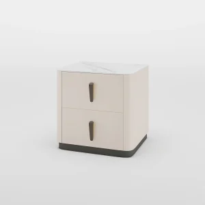 Modern khaki nightstand with two drawers, white marble top, and dark wood handles.