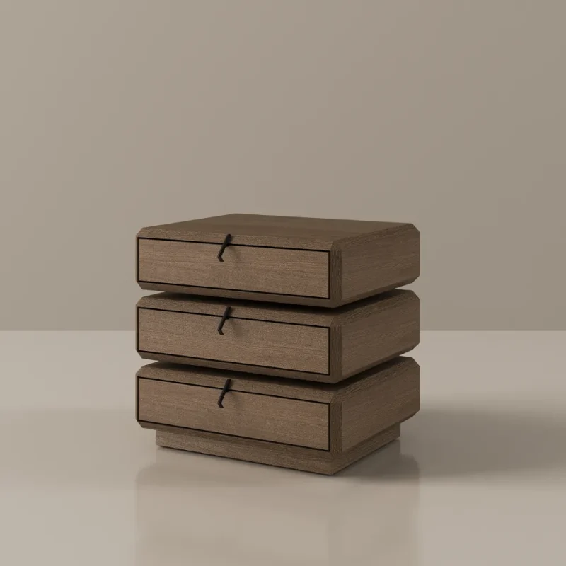 Three stacked walnut-finished MDF drawers with black pull handles, aligned vertically in a minimalist design against a neutral beige background.