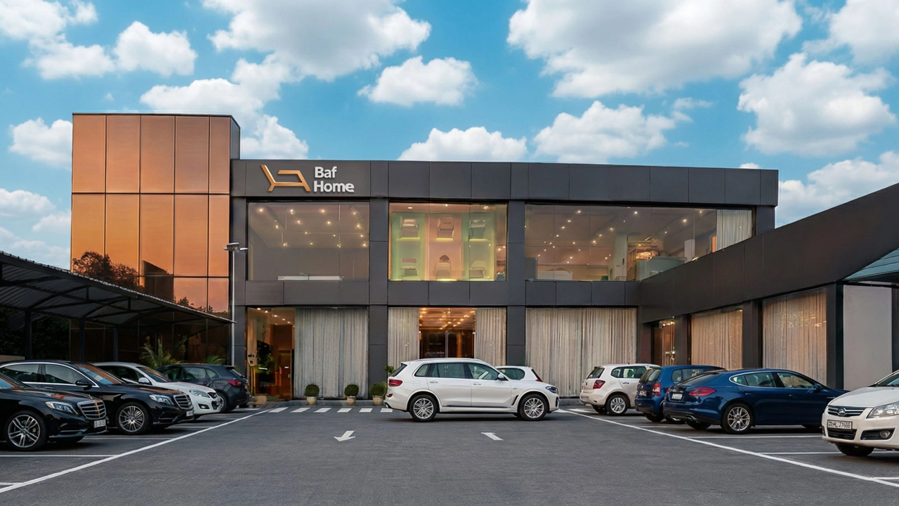 Modern furniture showroom in Dubai, featuring a sleek building facade and cars parked in front.