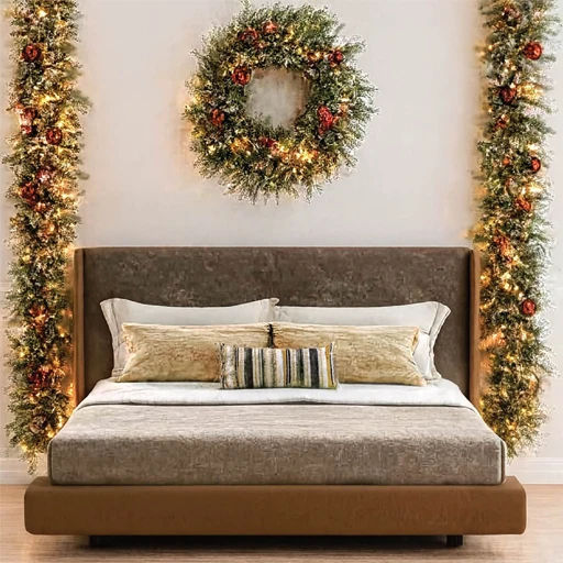 Christmas-themed bedroom showcasing creative decorating ideas with holiday ornaments, lights, and cozy furnishings.