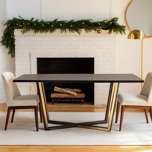 Contemporary dining table adorned with gold accents, alongside a fireplace, creating a chic dining room atmosphere
