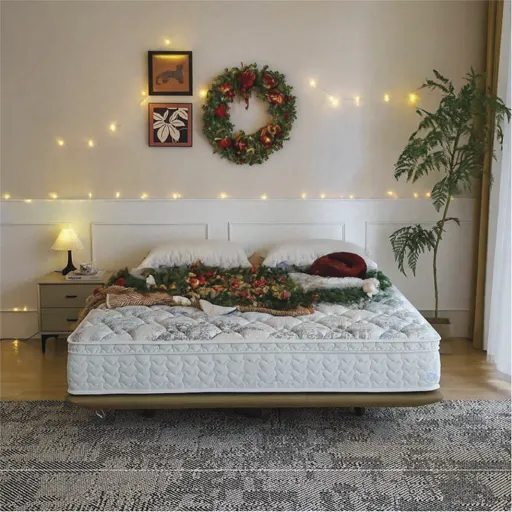 A bed featuring cheerful Christmas decorations, such as colorful ornaments and tinsel, inviting a warm holiday feel.