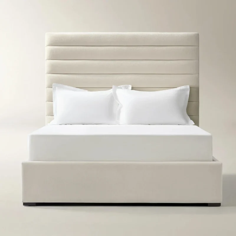 Linea Bed with linear panel headboard in a minimalist modern bedroom