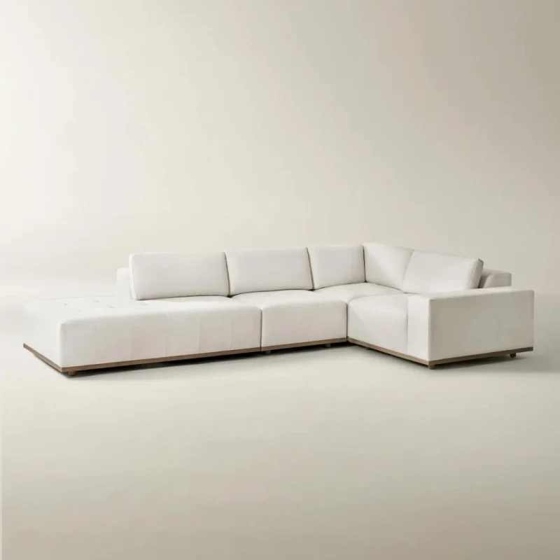Lunara Sectional 4 Seater Sofa in beige fabric with wooden base for modern living rooms