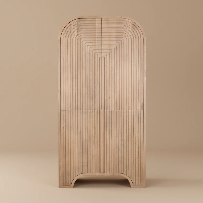 arco-fluted-mango-wood-curio-cabinet-front-view.webp Arco Fluted White Oak Veneer Cabinet - Image 1