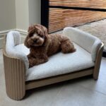 Beige Fabric Pet Bed with Oak Ribbed Sides - Image 8