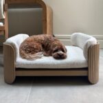 Beige Fabric Pet Bed with Oak Ribbed Sides - Image 5
