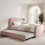 BreezeBud Velvet Single Bed with Trundle and Curved Headboard