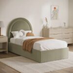 Sage Green Velvet Single Side-Lift Ottoman Bed