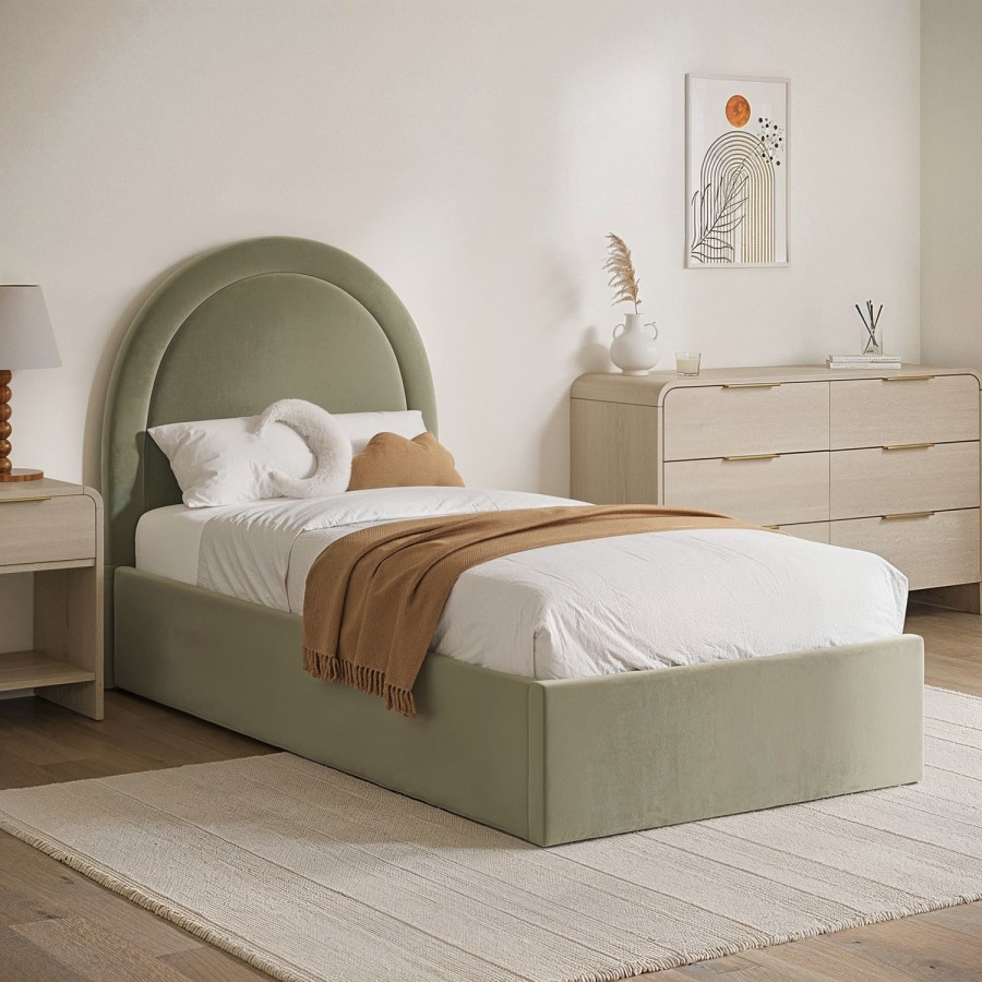 Sage Green Velvet Single Side-Lift Ottoman Bed (8) Sage Green Velvet Single Side-Lift Ottoman Bed - Image 1