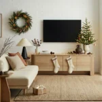 Aurelia Fluted TV Stand styled beneath an 85-inch television in a contemporary living room
